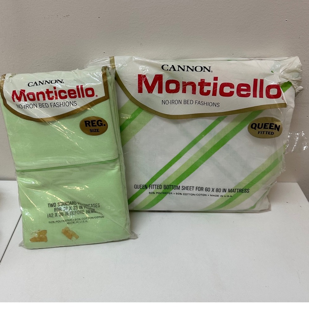 Vintage Cannon Monticello Queen Fitted Sheet & Pillowcases Montauk Stripe Green